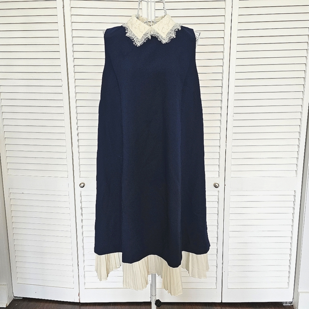 NWT Nanette Leppre Navy Shift Dress W/ Cream Collar Pleated Skirt Size 8